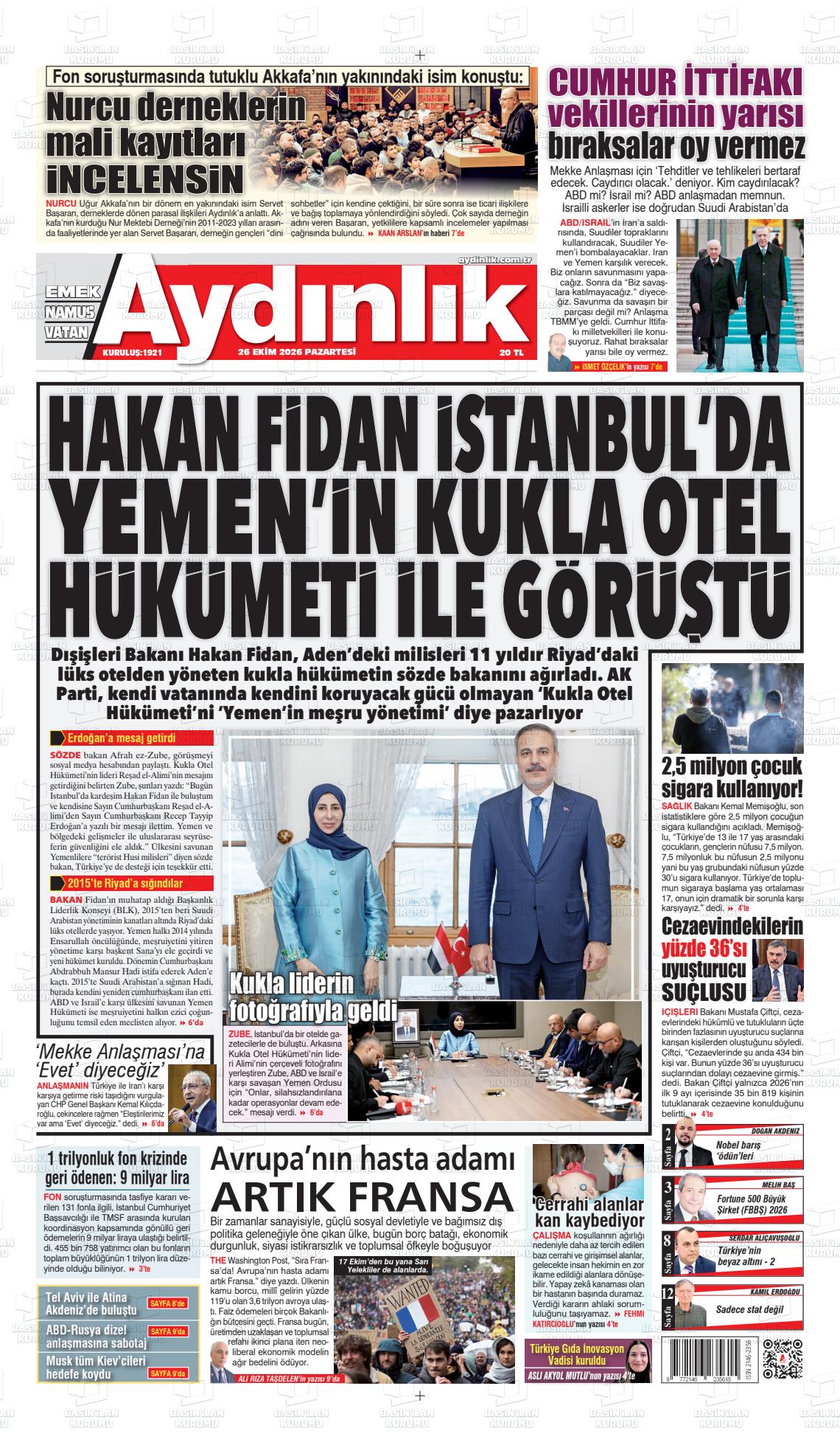 Aydınlık gazetesi ilk sayfası