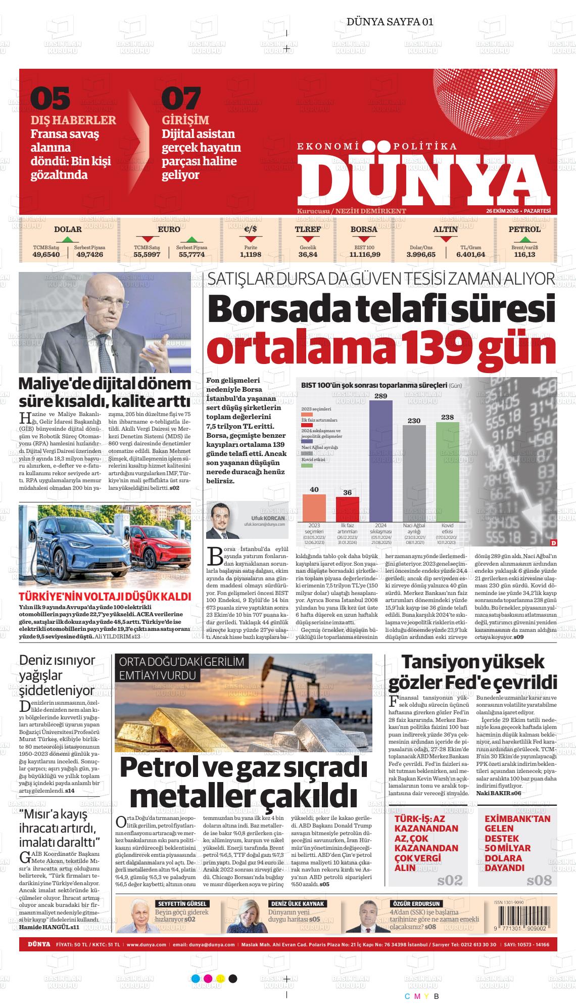 Dünya gazetesi ilk sayfası