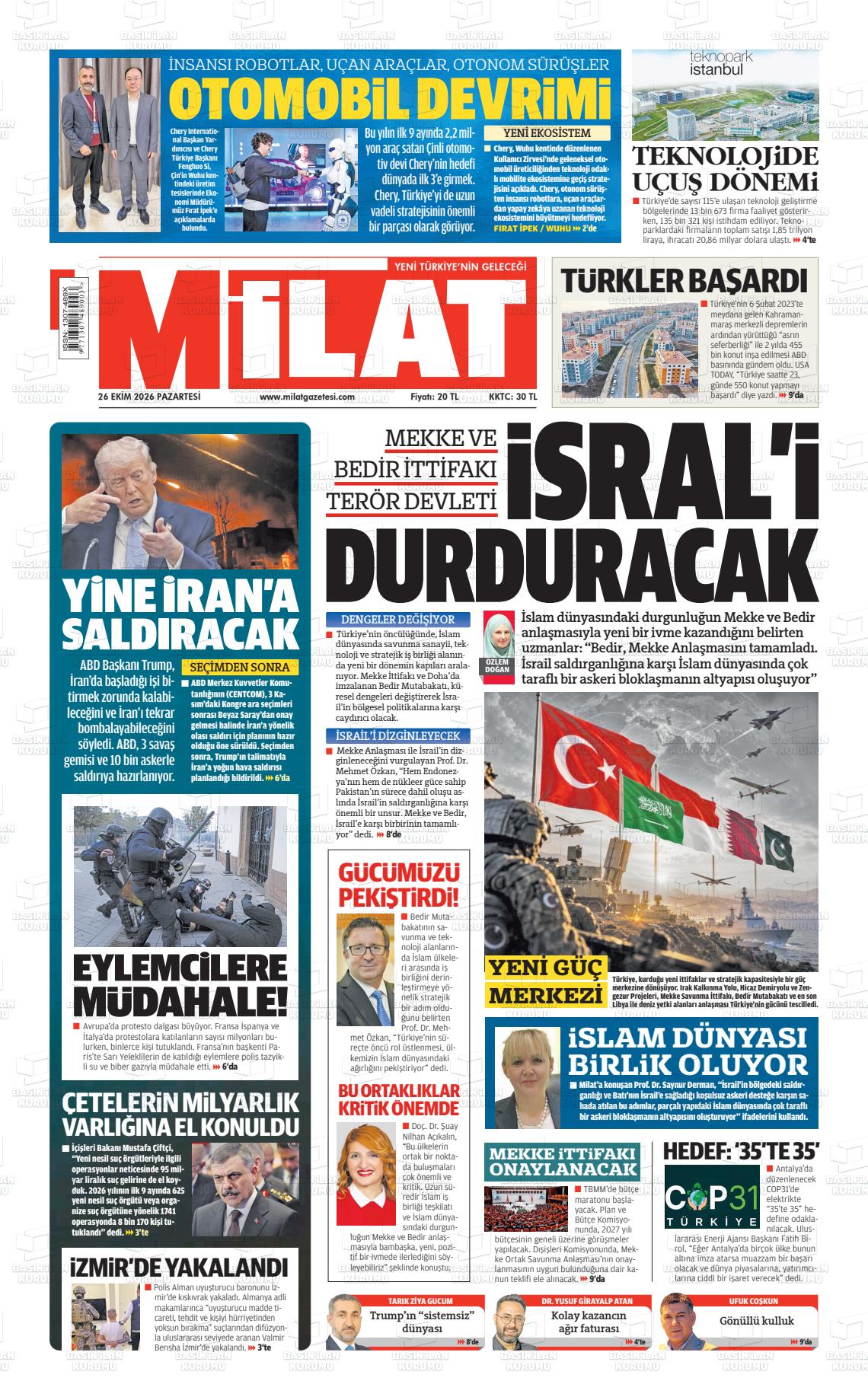 Milat gazetesi ilk sayfası
