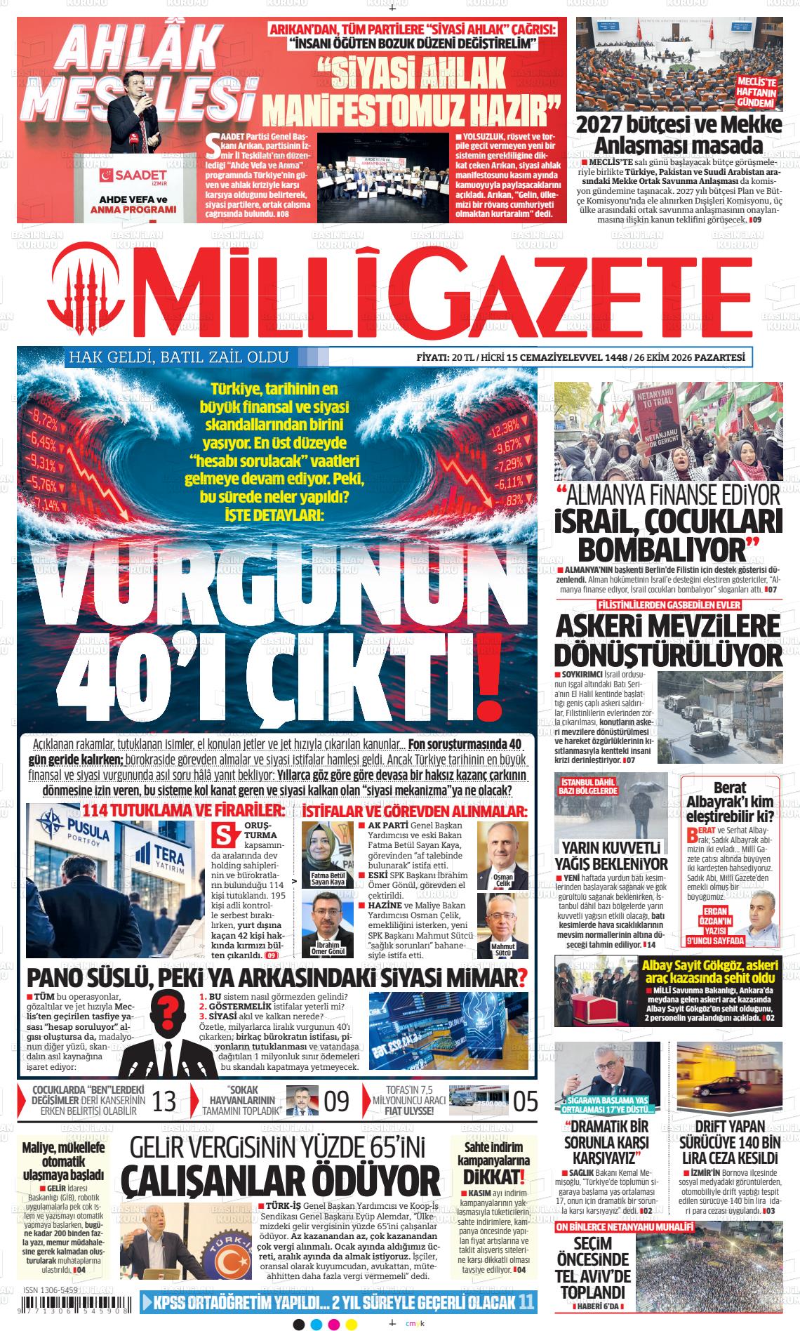 Milli Gazete gazetesi ilk sayfası