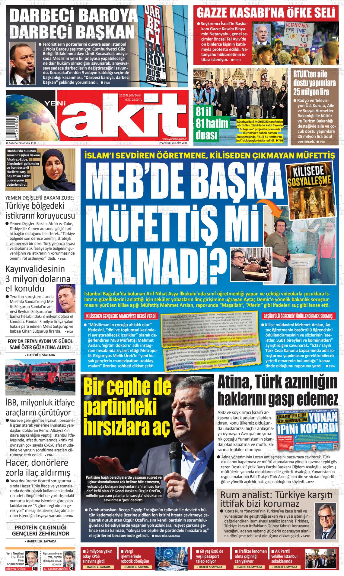 Yeni Akit gazetesi ilk sayfası