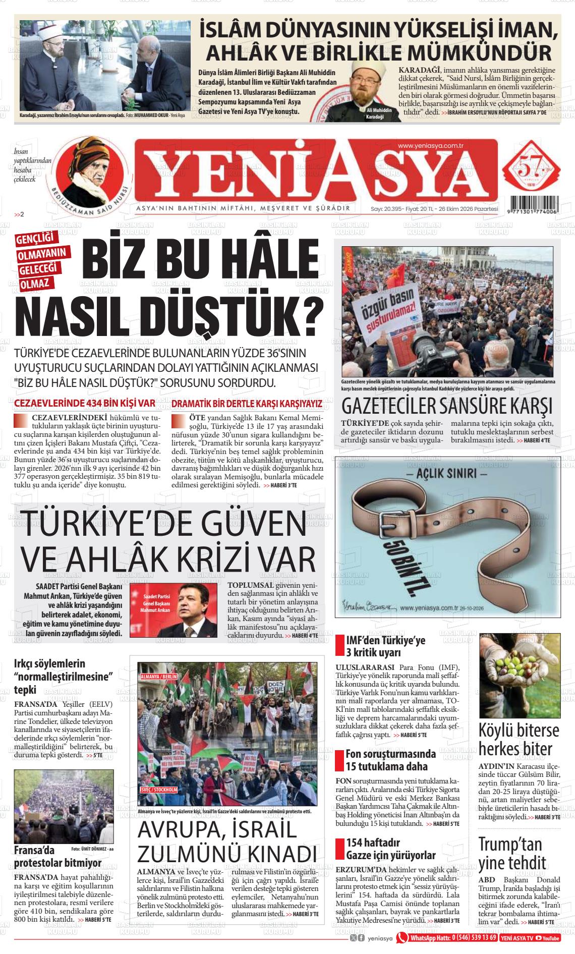 Yeni Asya gazetesi ilk sayfası