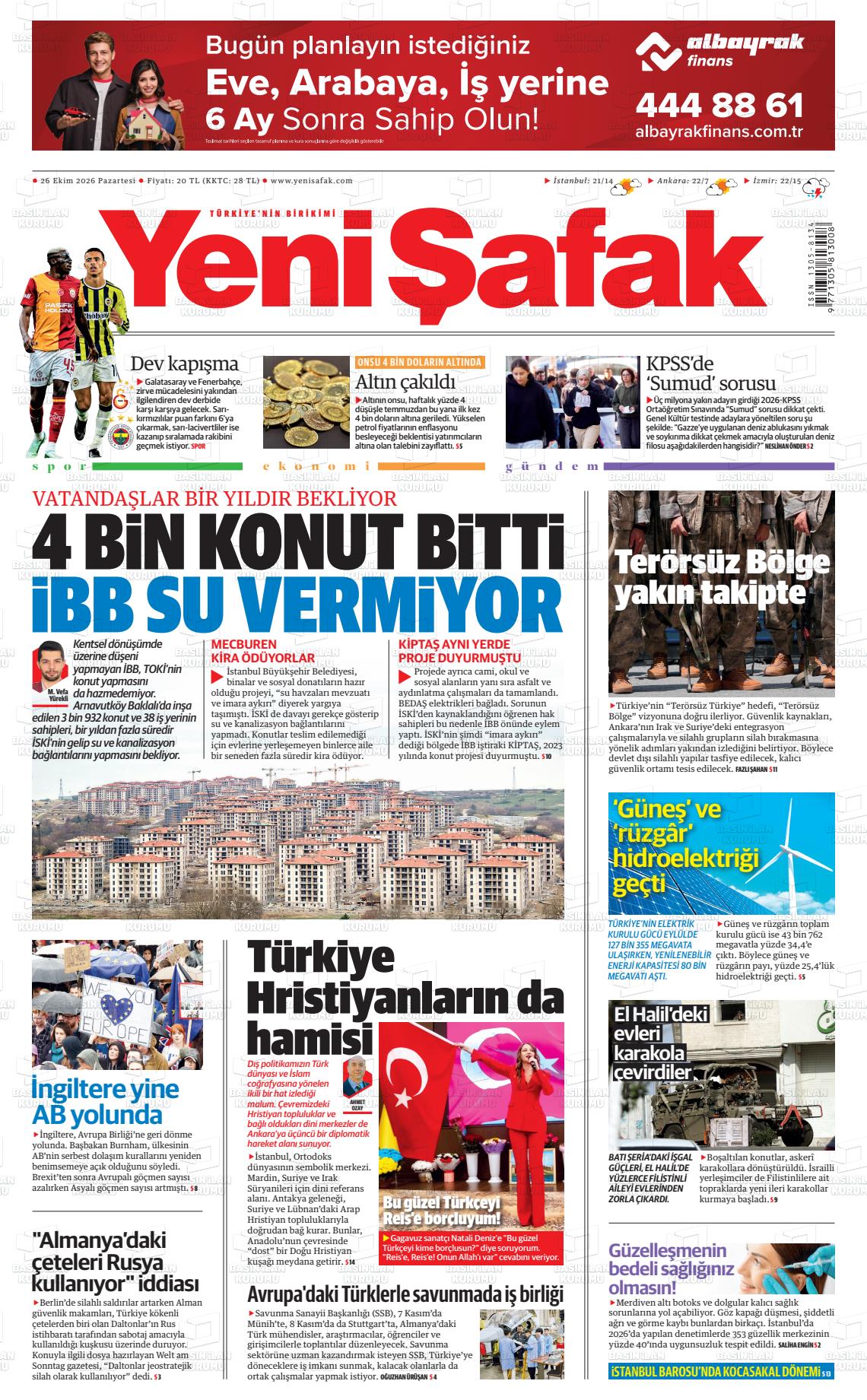 Yeni Şafak gazetesi ilk sayfası