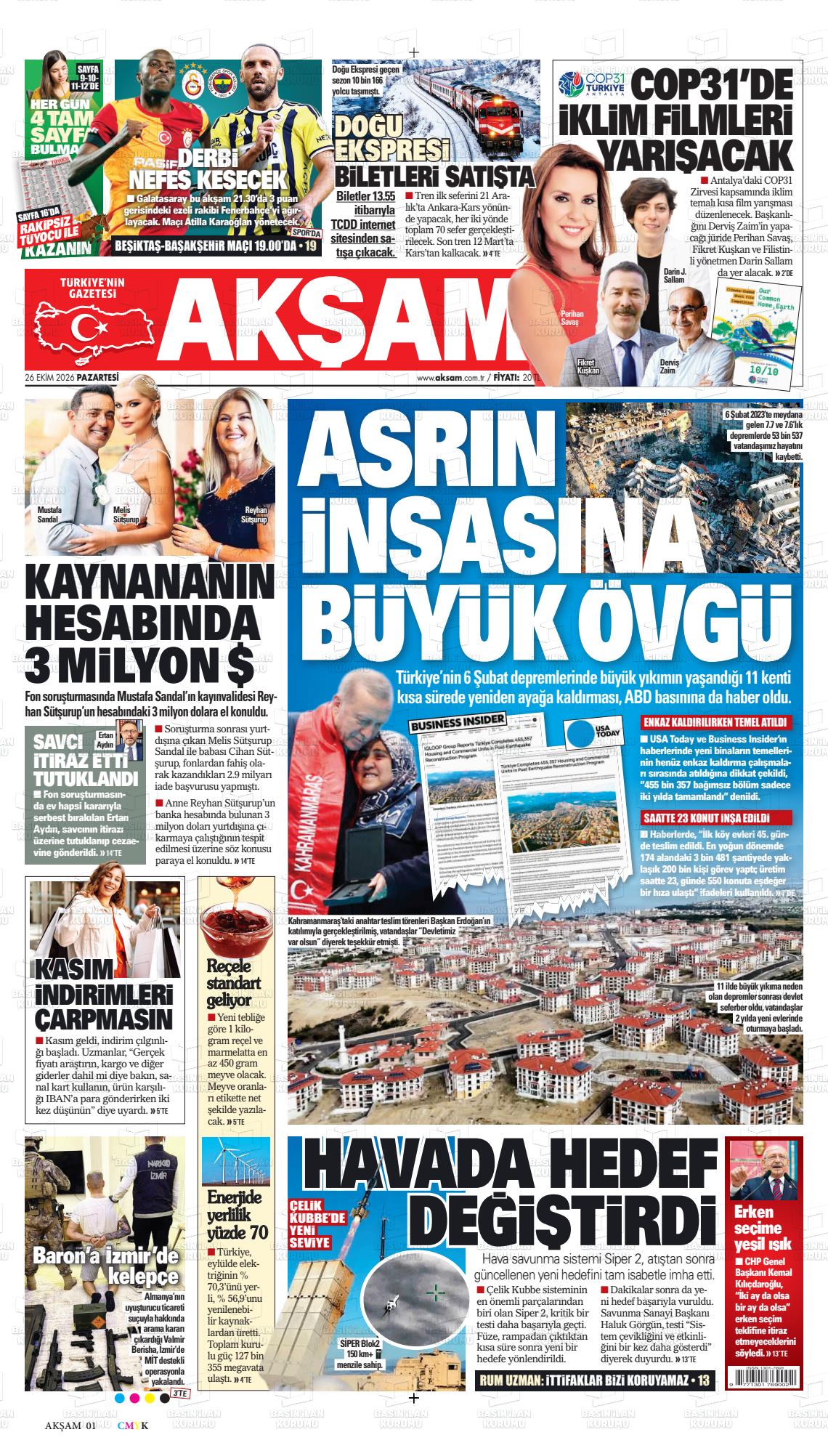 Akşam gazetesi ilk sayfası