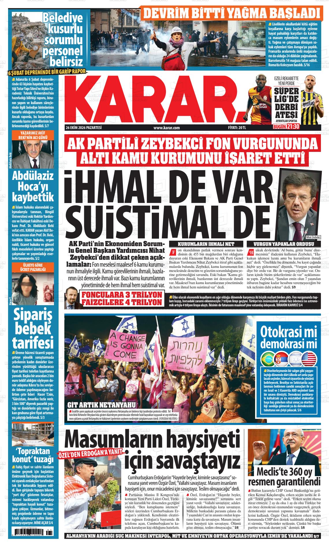 Karar gazetesi ilk sayfası