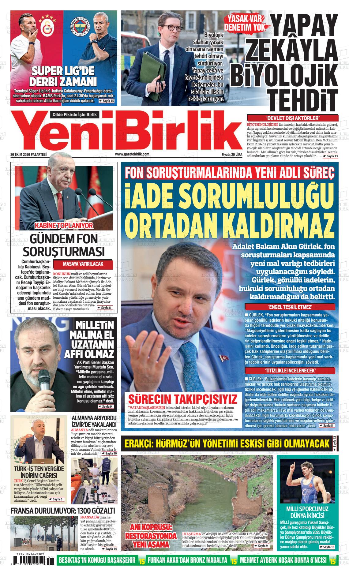 Yeni birlik gazetesi ilk sayfası